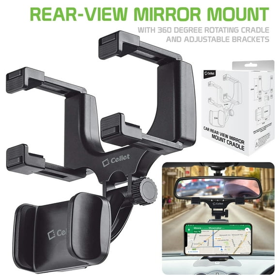 Cellet Rear-view Mirror Mount, Universal Car Rear-view Mirror Mount with 360 Degree Rotating Cradle and Adjustable Brackets Compatible to Apple iPhone XS Max, X/XR/XS, 8/8 Plus