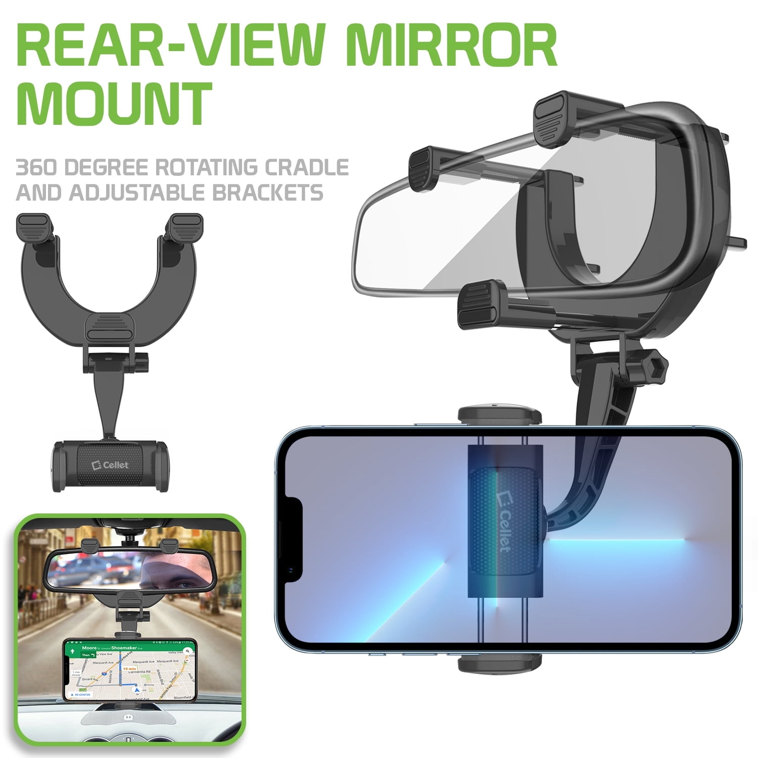 Cellet Vehicle Rear View Mirror Phone Holder Mount Universal Smartphone ...