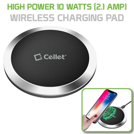 Wireless Charging Pad, High Power 10 Watts (2.1 Amp) Ultra-Slim Wireless Charging Pad for Samsung Galaxy Note 9, Apple iPhone X, 8/8 Plus and All Wireless (Qi) Enabled Devices by Cellet - Grey