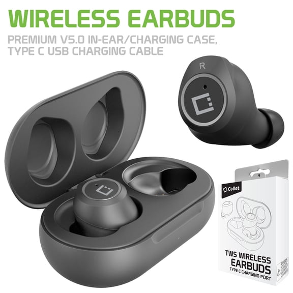 Cellet Wireless Earbuds, Premium V5.3 In-Ear Wireless Earbuds with Charging case, Voice Notifications and Built-in Microphone and Type C Charging Cable Compatible to Most Wireless Enabled Devices