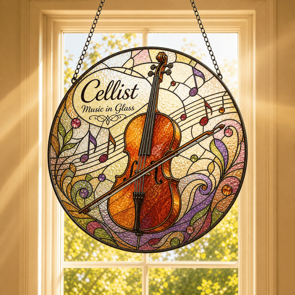 Cellist Gift Stained Glass Suncatcher Window Hanging for Musicians and Cello Lovers