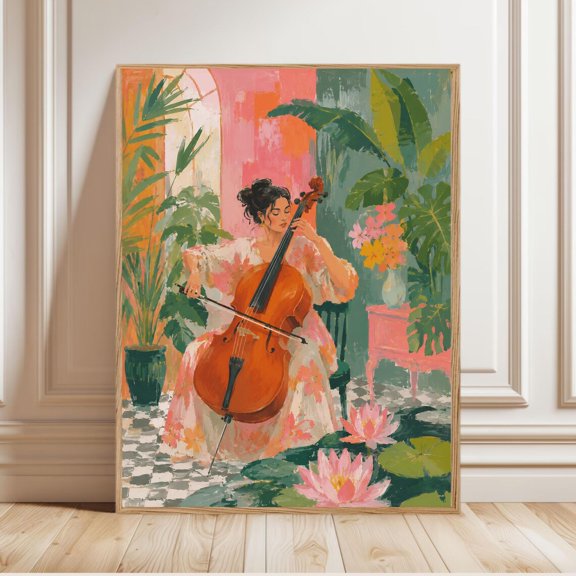 Cellist Tropical Garden Wall Art Print, Pink Green Botanical Music Decor
