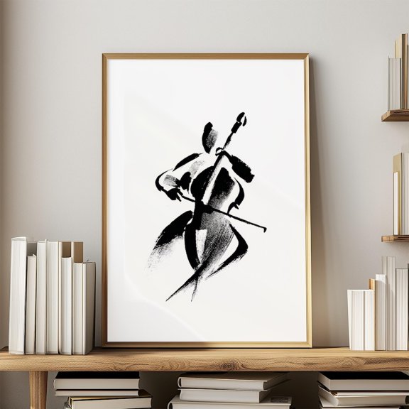 Cellist Wall Art Print, Black White Ink Classical Music Cello Player Decor Unframed Paper Print