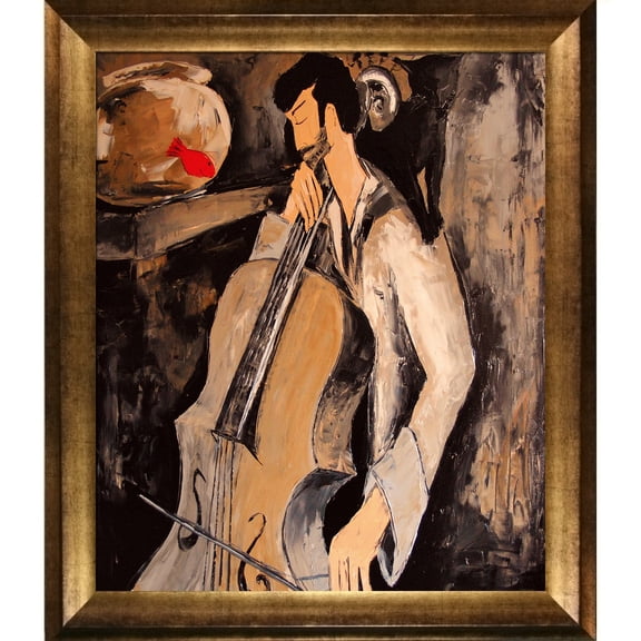 Cellist with goldfish and black cat with Athenian Gold Frame 20"X24"