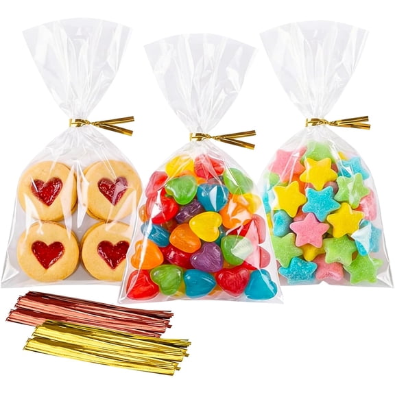 Cello Cellophane 4x6 Inches Cookie Bags 200 Pcs OPP Plastic Clear Treat Bags with 200 Twist Ties for Gift Wrapping,Packaging Candies,Dessert,Bakery,Chocolate,Party Favors