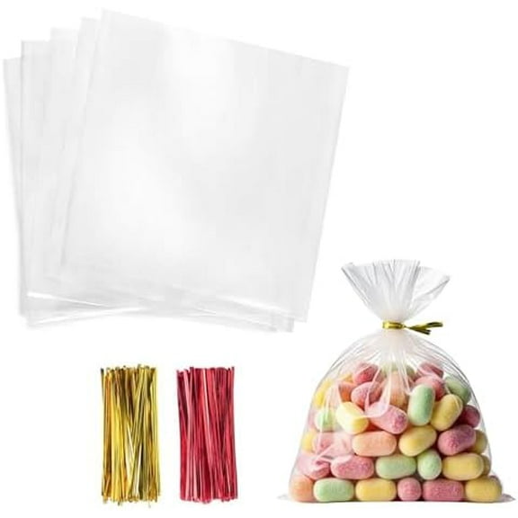 Cello Cellophane Treat Bags,200 PCS Clear Pastic Gift Bags with Twist Ties,Party Favor Bags (6"x6")