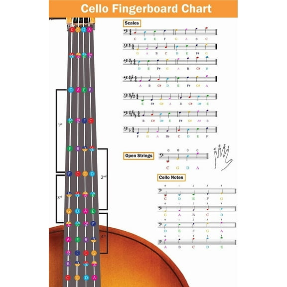 Cello Fingering Chart poster with Color-Coded Notes, Cello Scales Techniques Suitable for All Levels