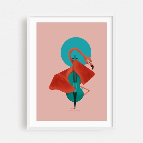 Cello Flamingo - Photography Flamingo Surrealism Modern Art Geometric Bird Illustration Music White Framed Wall Art Print 24 x 36 inches