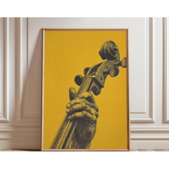 Cello Illustration Music Hand Drawing Yellow Background Wall Art, Unframed Paper Poster 8x10in