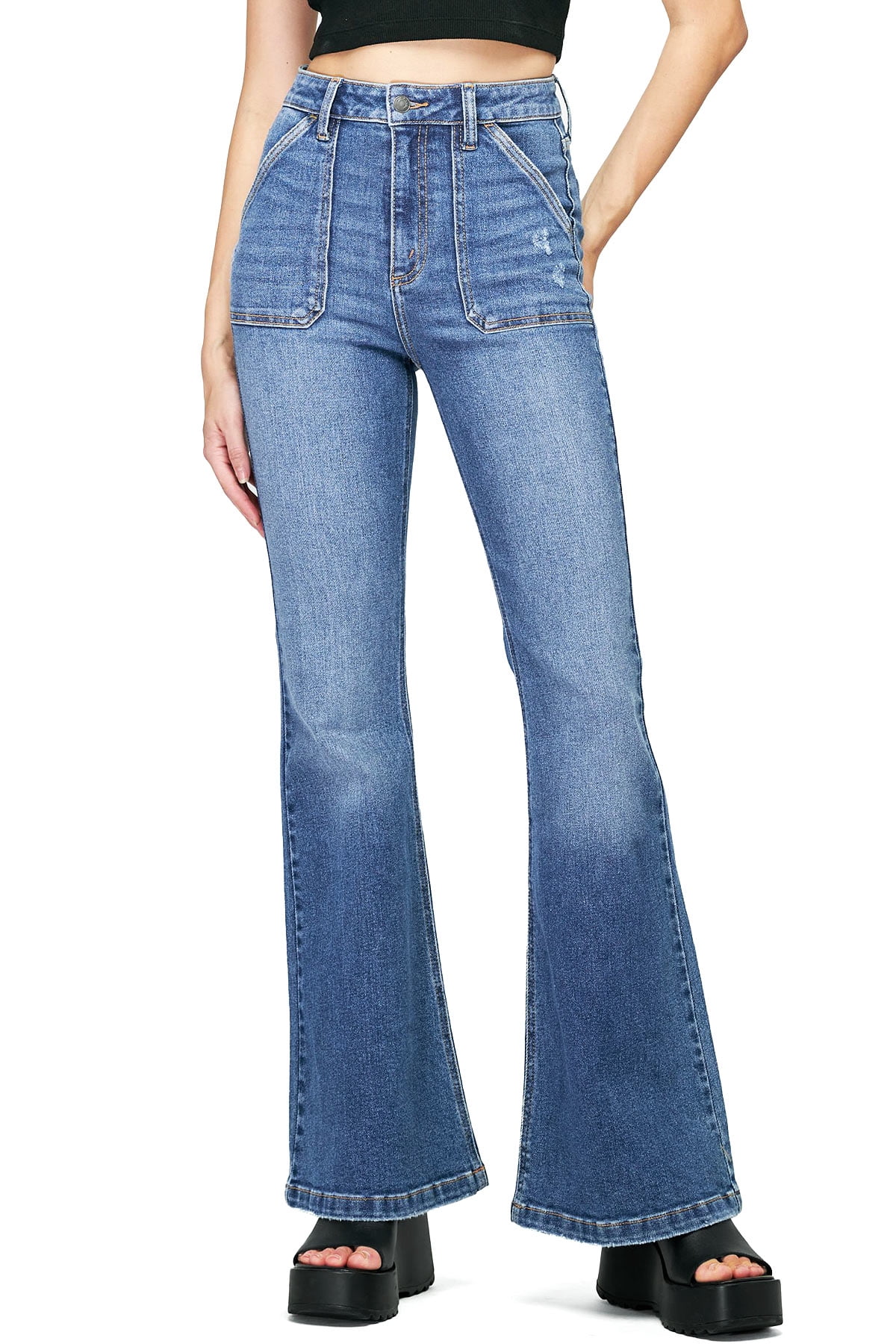 Cello Jeans Women's Juniors High Rise Bell Bottom Flares (Medium Denim ...