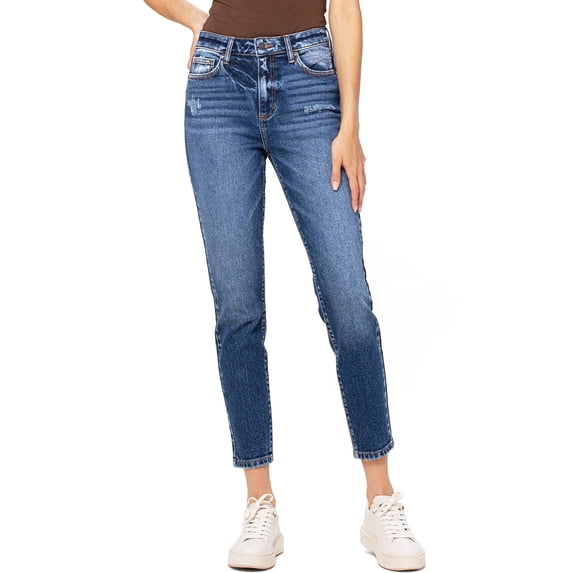 Cello Jeans Women's Juniors High Rise Slim Straight Leg Denim (Dark Denim, 1)