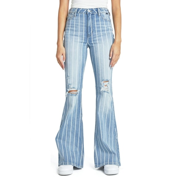Cello Jeans Women's Juniors High Rise Striped Bell Bottom Flares (Medium Denim, 9)