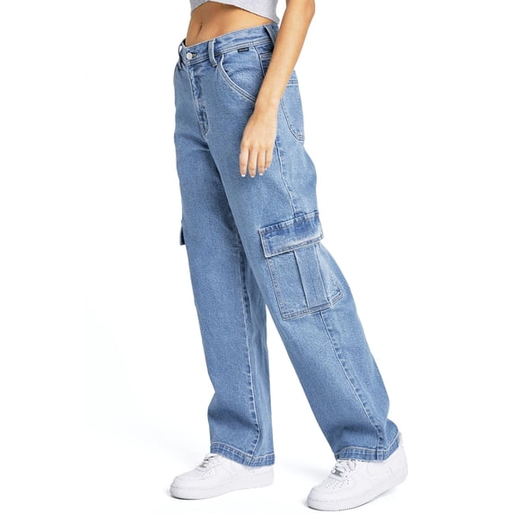 Cello Jeans Women's Juniors Low Baggy Skater Cargo Jeans (Light Denim, 1)