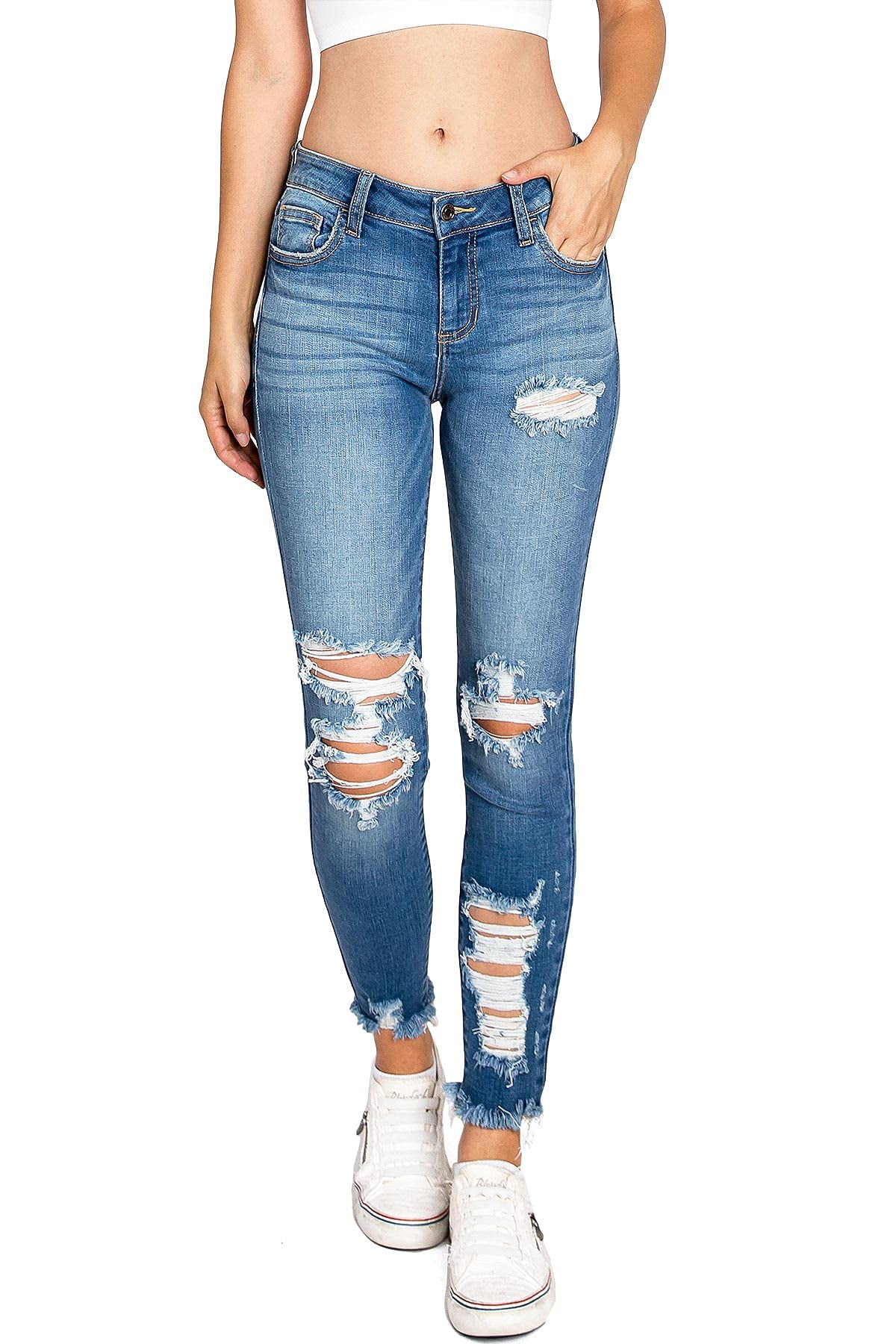 Cello Jeans Women's Juniors Ripped Distressed Crop Skinny Jeans (Medium