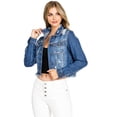 thumbnail image 1 of Cello Jeans Women's Juniors Ripped Frayed Cropped Jean Jacket (Dark Denim, Small), 1 of 4