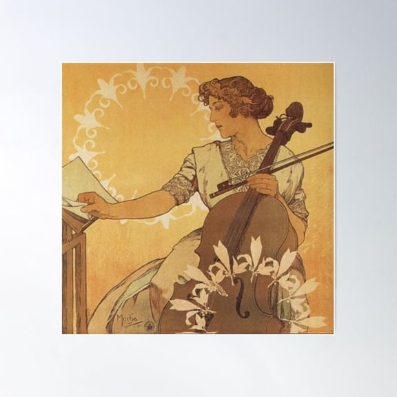 Cello Player By Alphonse Mucha - Art Nouveau Poster Wall Art, Modern Wall Decor For Living Room Bedroom, 24x24 UNFRAMED