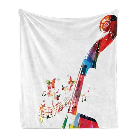 Cello Soft Flannel Fleece Throw Blanket, Creative Abstract Cheerful Design of Pegbox with Butterflies and Musical Notes, Cozy Plush for Indoor and Outdoor Use, 70" x 90", Multicolor, by Ambesonne