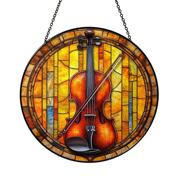 Cello Stained Glass Suncatcher, Round Musical Window Panel with Bow, Colorful String Instrument Art Hanging Gift for Cellists and Music Lovers