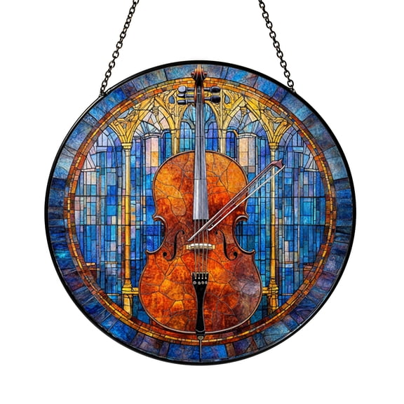 Cello Stained Glass Suncatcher Round Window Hanging Musical Instrument Panel for Home Decor Artistic Music Gift