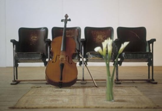 Cello leaning on attached chairs Canvas Art - Panoramic Images (24 x 17)