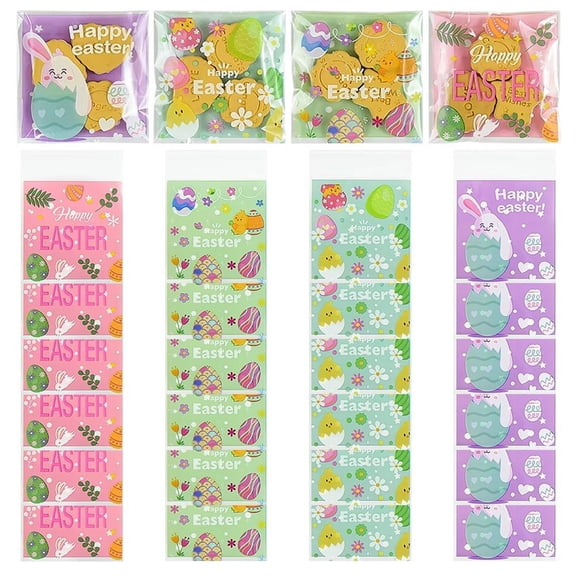 Cellophane Bags 100pcs Happy Easter Candy Bag Cute Bunny Egg Transparent Packaging Baking Bag Self-Adhesive Gift Pouch