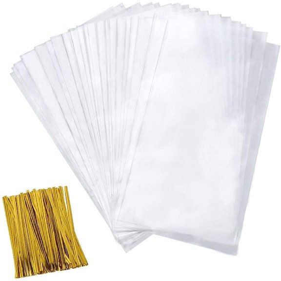 Cellophane Bags 200-Pack 4x9 Inch Clear Party Favor Bags with Twist Ties for Candy, Cookies, Bakery , Desserts & Packaging