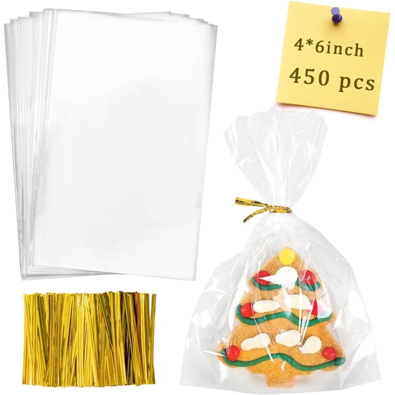 Cellophane Bags 450Pcs 4X6 Treat Bags with Ties Goodie Bag Clear Plastic Bag for Packaging Party Favor Gift Cookie Candy Bakery Christmas Valentines Day Easter Cellophane Wrap
