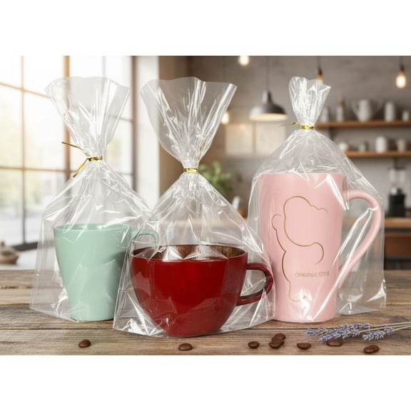 Cellophane Bags 8"x11", 50 Pack Clear Gift Bags, Bottom Gusset for Stand-Up Display, Plastic Cellophane Gift Wrap, Ideal for Goodies, Treats, Party Favors, Mugs, Includes 50 Ties