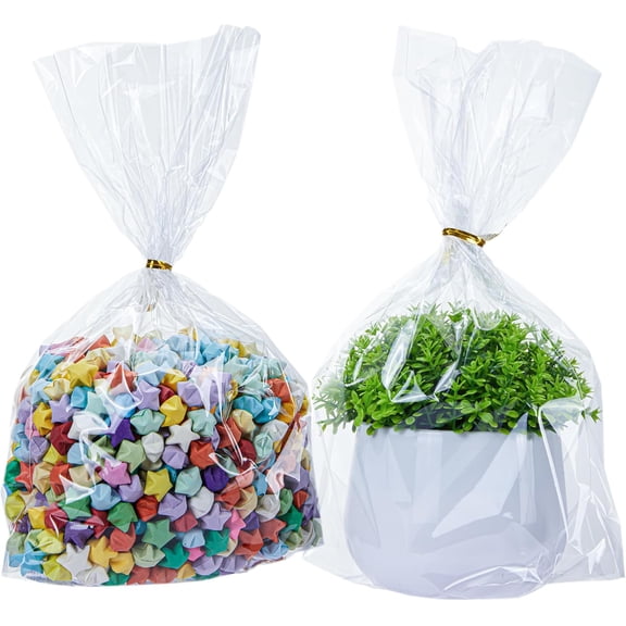 Naxlif Cellophane Bags 8x11 with Bottom Gusset 100Pcs Clear Wrap for Gift Baskets & 100 Gold Twist Ties, Perfect For Wrapping Party Favors Food Storage Packaging Special Events