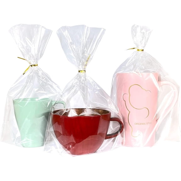 Cellophane Bags 8x11 Inch, 50 Pack Clear Plastic Gift Bags with Bottom Gusset for Stand-Up Display, Medium Cello Gift Wrap for Goodies, Treats, Party Favors, Mugs, Includes 50 Gold Ties