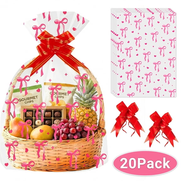 Cellophane Bags for Basket Gift Basket Wrap Bags Jumbo Wrapping Bags with Bows lear Plastic Gift Wrapping for Christmas Easter Party Supplies 20-Pack Set 3