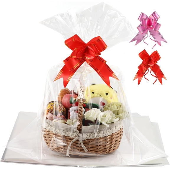 Cellophane Bags for Gift Baskets Wrapping Plastic 10 Pcs 30 x 40 Inch Large Cellophane Bags for Easter Basket Wrap Clear Gift Bags with Pull Bow Shrink Wrap Bag for Gift Basket Gift Giving