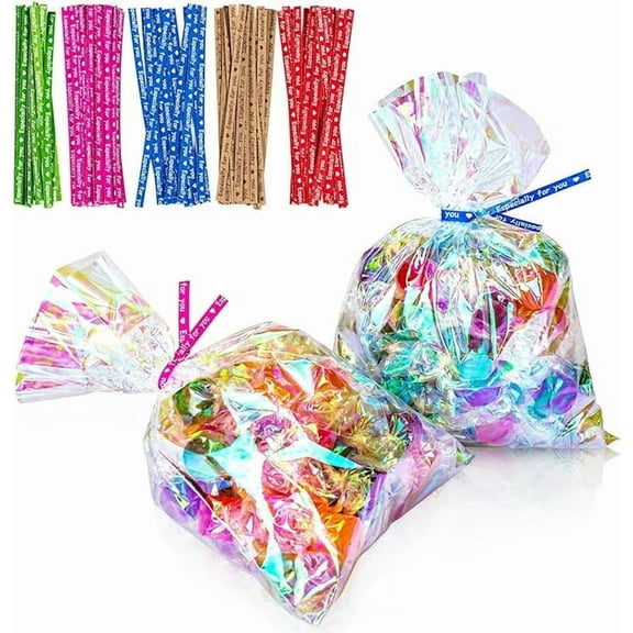 Cellophane Treat Bags, 4x6 Inch Iridescent Cellophane Bags with Twist Ties, Weddings Birthday PartyCelebrations Baby Showers Weddings Birthday Party Gift Wrapping(Pack of 100)