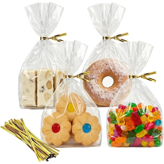 Cellophane Treat Bags 5x7 Inches, 100 Pcs Clear Cellophane Bags with Gold Twist Ties, Heavy Duty OPP Plastic Goodie Bags for Cookies Popcorn Candy Bakery Party Favors Gift Wrapping