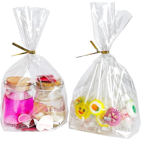 Cellophane Treat Bags 6"x9", 50 Pack Clear Goodie Bags, 2.4" Bottom Gusset for Stand-Up Display, Small Plastic Gift Wrap for Cookies, Candy, Party Favors, Popcorn, Includes 50 Gold Ties