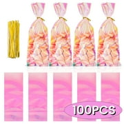 Cellophane Treat Bags Iridescent Holographic Goodie Bags for kids Clear Candy Bags with Twist Ties for Birthday Holiday Valentine Wedding Party Favors 100Pcs Design5