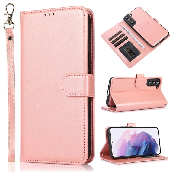 Cellphone Flip Case Compatible with Samsung Galaxy A55 Wallet Case Detachable Back Case with Card Holder/Wrist Strap, PU Leather Flip Magnetic Folio Stand Shockproof Case,Rosegold
