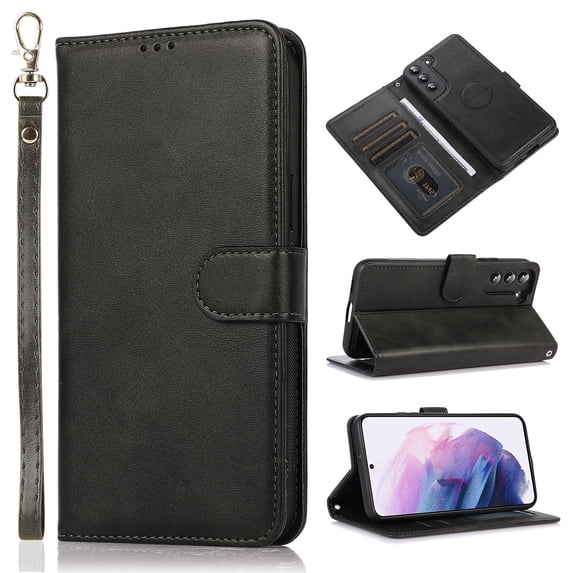 Cellphone Flip Case Compatible with Samsung Galaxy A55 Wallet Case Detachable Back Case with Card Holder/Wrist Strap, PU Leather Flip Magnetic Folio Stand Shockproof Case,Black
