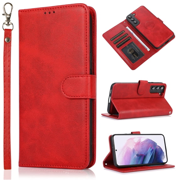 Cellphone Flip Case Compatible with Samsung Galaxy A55 Wallet Case Detachable Back Case with Card Holder/Wrist Strap, PU Leather Flip Magnetic Folio Stand Shockproof Case,Red