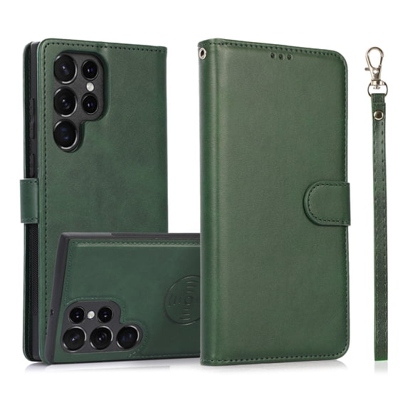 Cellphone Flip Case Compatible with Samsung Galaxy S25 Ultra Wallet Case Detachable Back Case with Card Holder/Wrist Strap, PU Leather Flip Magnetic Folio Stand Shockproof Case,Green