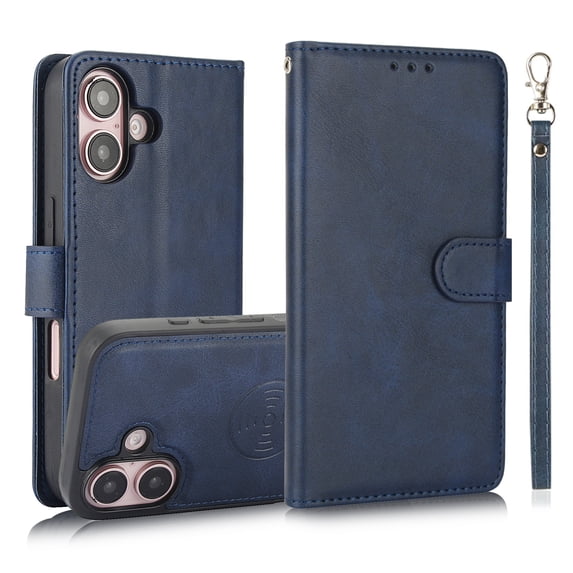Cellphone Flip Case Compatible with iPhone 16 Wallet Case Detachable Back Case with Card Holder/Wrist Strap, PU Leather Flip Magnetic Folio Stand Shockproof Case,Blue