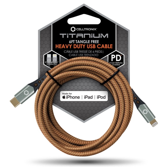 *Celltronix -MCX / MFI - Titanium 6FT Fast Charging Tangle Free Heavy Duty Type-C to Lightning Cable. Built to Last! Sync+Charge & Aluminum Tips for Optimum Connectivity - Coyote Brown
