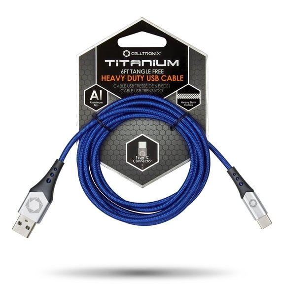 *Celltronix Titanium 6FT Fast Charging Tangle Free Heavy Duty USB to Type-C Cable. Built to Last! Includes Sync+Charge & Aluminum Tips for Optimum Connectivity - Blue