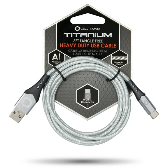 *Celltronix Titanium 6FT Fast Charging Tangle Free Heavy Duty USB to Type-C Cable. Built to Last! Includes Sync+Charge & Aluminum Tips for Optimum Connectivity - Silver