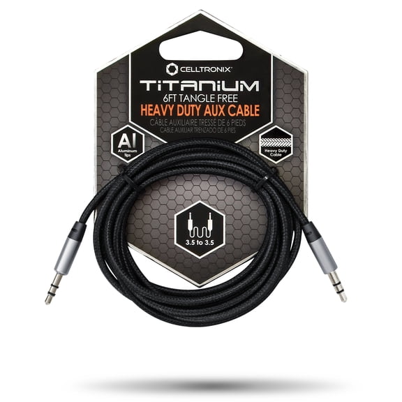 *Celltronix Titanium 6FT Tangle Free Heavy Duty 3.5mm to 3.5mm AUX/Auxiliary Audio Cable. Built to Last! Includes Aluminum Tips for Optimum Connectivity: Black