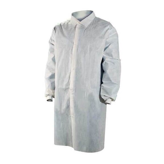 Disposable Lab Coat, Polypropylene, Snaps Closure, White, L, 25 PK