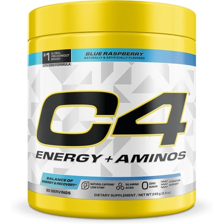 C4 Energy + Aminos Pre Workout Powder, 5g BCAAs & EAAs, Zero Sugar, Icy Blue Razz, 30 Servings