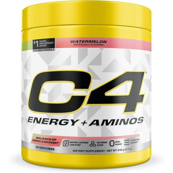 C4 Energy + Aminos Pre Workout Powder, 5g BCAAs & EAAs, Zero Sugar, Watermelon, 30 Servings