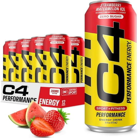 C4 Performance Energy Drink, Strawberry Watermelon Ice, Zero Sugar, Carbonated, 16oz can (12 Pack)