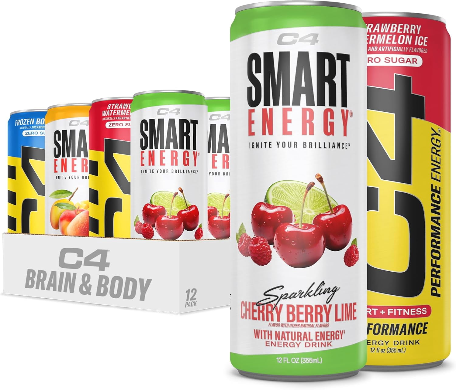 C4 Energy & Smart Energy Drinks Variety Pack, Sugar Free Pre Workout Performance Drink With No Artificial Colors or Dyes, Zero Calorie, Coffee Substitute or Alternative, 4 Flavor Variety 12 Pack